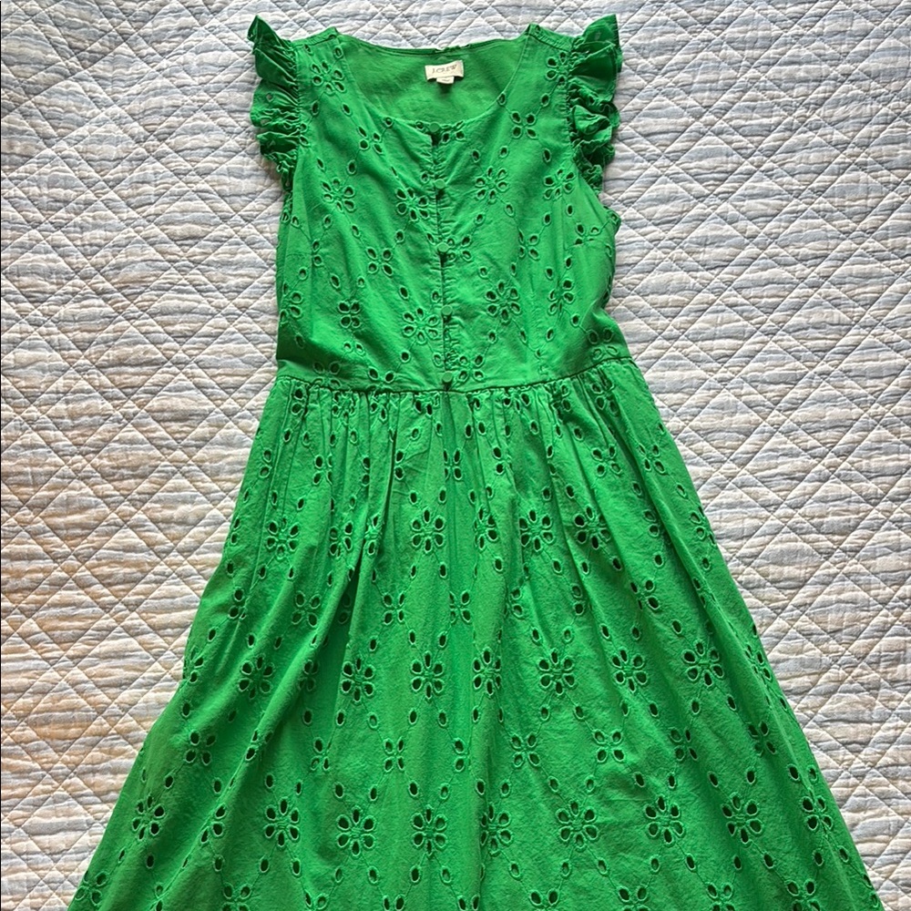 J. Crew Green Sleeveless Ruffled Midi Dress